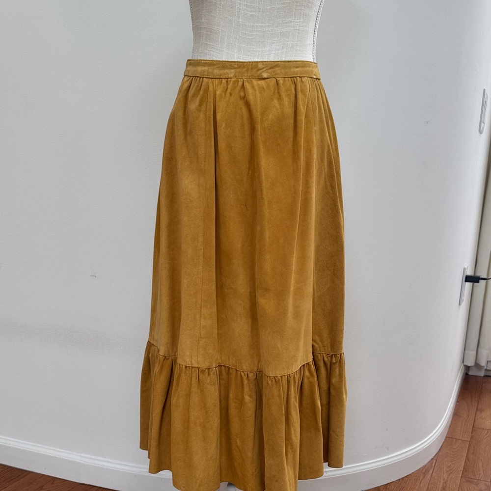 Leather Mustard Ruffle-Hem Midi Skirt